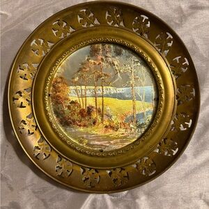 Vintage Brass Wall Plate with Landscape Art